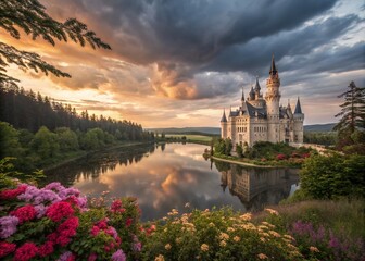 Fototapeta premium Enchanting Mystical Castle Surrounded by Lush Landscapes and Serene Water Reflections Under a Vibrant Sky for Architectural Photography Enthusiasts