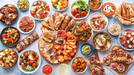 Assorted Mediterranean appetizers on a blue table