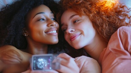 Obraz premium A multiracial lesbian couple lying watching ultrasound images two lesbians feeling excited about having their first baby by IVF (In vitro fertilization) process Concept of pregnancy and motherhood