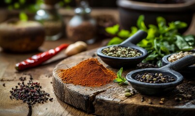 a variety of spices and herbs on a rustic wooden surface. There are bowls of different spices, such as pepper and paprika, along with fresh herbs and a red chili pepper