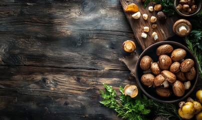 a collection of mushrooms in a rustic setting. The mushrooms are placed in a bowl on a dark wooden surface, surrounded by herbs and other natural elements, giving a warm, earthy feel.