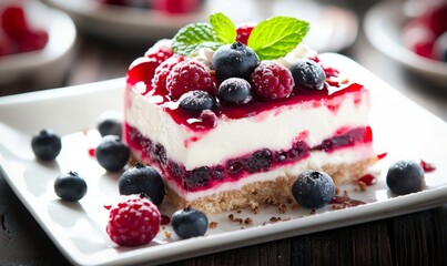 a slice of a berry cheesecake topped with fresh blueberries, raspberries, and a mint leaf. The dessert is served on a white plate, with layers of creamy cheese and berry 