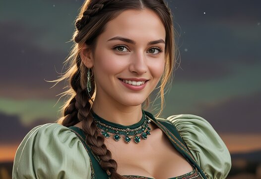 Picture Charming woman with full lips, braided brown hair in a traditional hungarian folk dress.