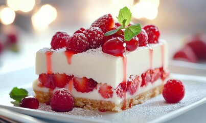 a slice of a layered dessert, topped with fresh strawberries and raspberries. The dessert has creamy white layers, a crumbly base, and is garnished with a mint leaf.
