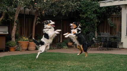 Two Border Collies playfully jumping in a backyard