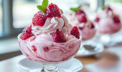 a dessert bowl filled with strawberry ice cream or whipped cream, garnished with fresh strawberries and a mint leaf.