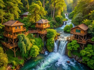 Naklejka premium Enchanting Riverside Treehouses Nestled Amongst Lush Foliage and Cascading Waterfalls in a Serene Nature Retreat