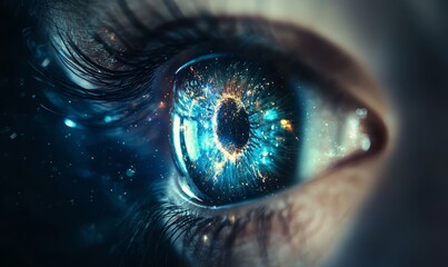 a close-up of a human eye, reflecting vibrant, cosmic-like patterns, giving the appearance of a galaxy or universe within the eye