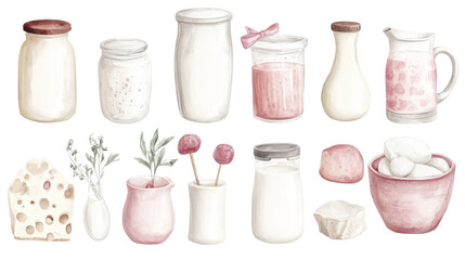 Watercolor Illustration of Milk, Cheese and Other Dairy Products, dairy ,food