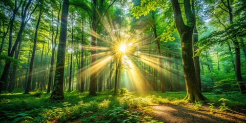 Fototapeta premium Enchanting Sun Rays Filtering Through the Lush Green Canopy of a Tranquil Forest, Creating a Serene Atmosphere with Glimmers of Light and Shadows on the Forest Floor