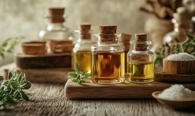 small glass bottles filled with essential oils, arranged on a rustic wooden surface. There are also some herbs and salt, giving a natural, wellness-inspired atmosphere.