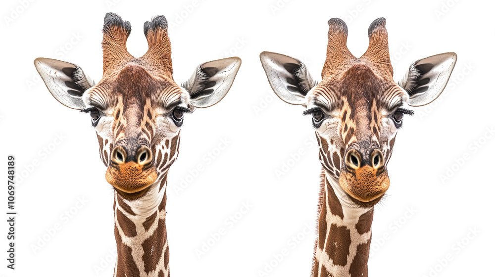 Poster giraffe faces collection set isolated on a transparent background generative ai