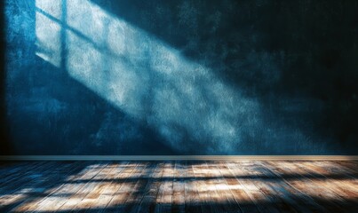 an empty room with sunlight streaming through a window, casting shadows on a wooden floor. The walls have a textured, dark blue appearance, giving the room a moody, atmospheric feeling.