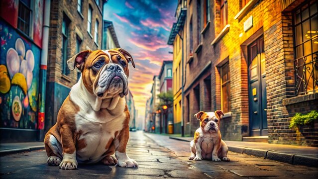 English Bulldog Unfazed by Howling Spaniel Puppy in Urban Setting, Showcasing the Contrast of Calm and Excitement Amidst City Life