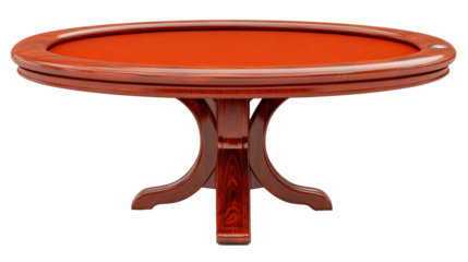 Elegant oval poker table with a rich wooden finish and red felt surface, featuring a sturdy pedestal base design for card games and gatherings.