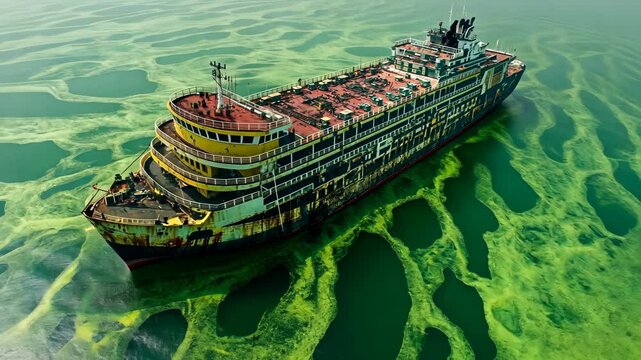 A large ship sits in the water, surrounded by a thick layer of green algae