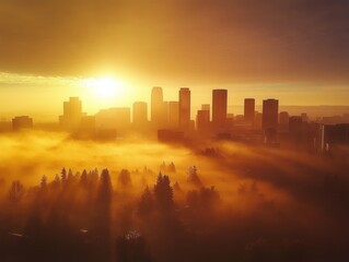 Golden Hour Skyline Through Foggy Cityscape