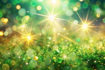 Ethereal Green Abstract Bokeh Lights with Sparkling Stars and Sun Particles Creating a Magical Atmosphere for Valentine's Day and Women's Day on a Soft Peach Background