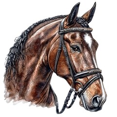 Fototapeta premium Watercolor Portrait of a Brown Horse with Braided Mane and Bridle.