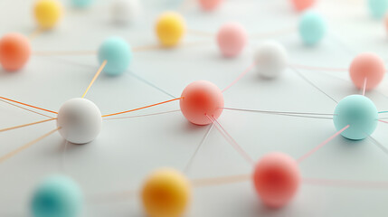 Obraz premium Colorful 3D spheres interconnected by thin lines, representing a network or molecular structure on a soft-focus background. Abstract, scientific visualization concept.