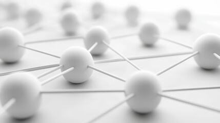 White spheres connected by lines on a light background, resembling a network or molecular structure, symbolizing connections and relationships in a minimalistic style.