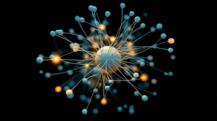 A 3D abstract representation of a neural network or molecular structure, depicting interconnected nodes with glowing elements on a dark background.