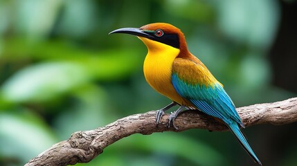 Fototapeta premium Colorful Bird Perched on Branch in Green Forest
