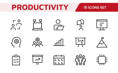 Productivity Icon Set. Modern and inspiring icons designed to enhance efficiency and organization, perfect for productivity apps, task management tools, and workflow solutions.