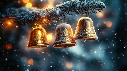 Gold Bells on a Snowy Christmas Tree. High Quality Image