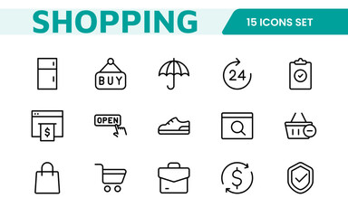 Shopping Icon Set. Vibrant and engaging icons for enhancing e-commerce platforms, perfect for product listings, cart management, and checkout processes to elevate the online shopping experience.