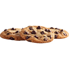 Description:** Three delicious chocolate chip cookies stacked, showcasing a golden-brown texture and chocolate bits.