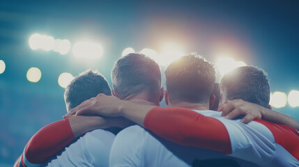 A group of football players huddles together under bright stadium lights, showing camaraderie and team spirit before a match.