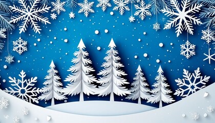 Obraz premium Winter wonderland: paper-cut snowflakes and pine trees against starry night sky