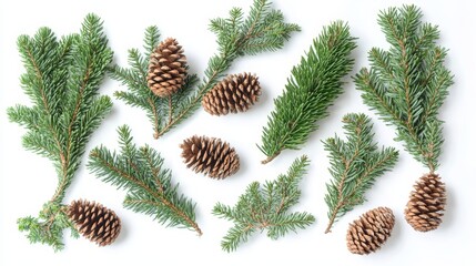 Set of coniferous tree branches with cones isolated on a white background Design element for creating festive Christmas arrangements frames cards invitations