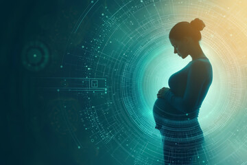 A silhouette of a pregnant woman stands against a futuristic, digital background, symbolizing the intersection of technology and human life creation.