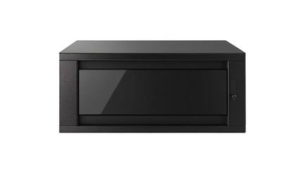 Obraz premium A black metal server rack with a glass front door.