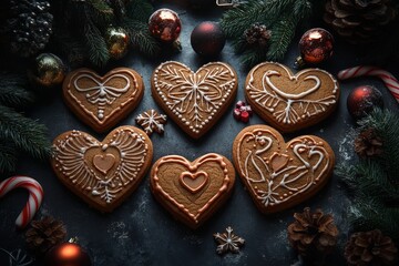 Gingerbread cookies shaped like snowflakes, angels, hearts, and candy canes on a dark background with scattered Christmas decorations.