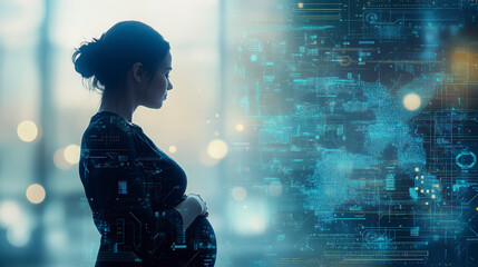 A pregnant woman stands in silhouette, with a digital and futuristic overlay, symbolizing technology's influence on healthcare and motherhood.