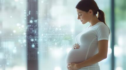 A pregnant woman gently holds her belly, surrounded by a serene background with digital overlays representing futuristic technology and data visualization.