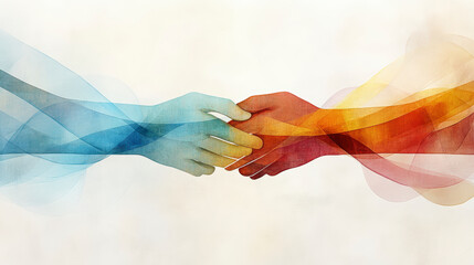 Two hands, one blue and one orange, reaching out and holding each other, symbolizing connection, unity, and harmony through abstract, flowing colors.