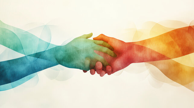 Two colorful hands grasp each other in a handshake, symbolizing unity and cooperation, surrounded by flowing blue and orange abstract shapes.
