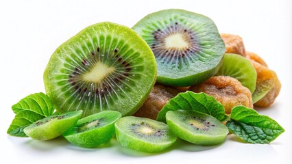 Fototapeta premium Fresh and Dried Kiwi Fruit Slices Isolated on White Background - Macro Photography of Candied Kiwi and Fresh Green Fruit for Healthy Snack Ideas and Culinary Inspiration