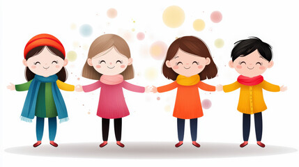 Four cartoon children holding hands and smiling, dressed warmly in colorful outfits, with soft pastel circles in the background creating a cheerful atmosphere.