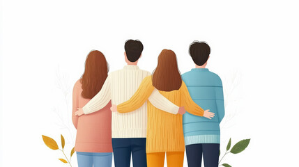 Fototapeta premium Four people with arms around each other stand facing away, surrounded by leaves, conveying friendship, unity, and togetherness in a simple, joyful illustration.