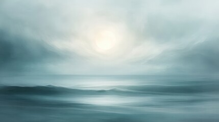 Obraz premium Mystical Ocean's Embrace: An evocative view of the ocean and sky, with waves in motion and a soft, ethereal glow from the sun. A serene and tranquil image.