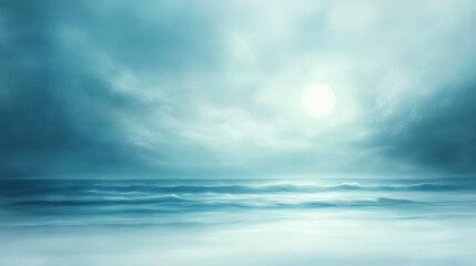 Obraz premium Serene Coastal Panorama: The sea stretches to the horizon under a moody, overcast sky, creating a scene of tranquil beauty with a subtle light illuminating the horizon.