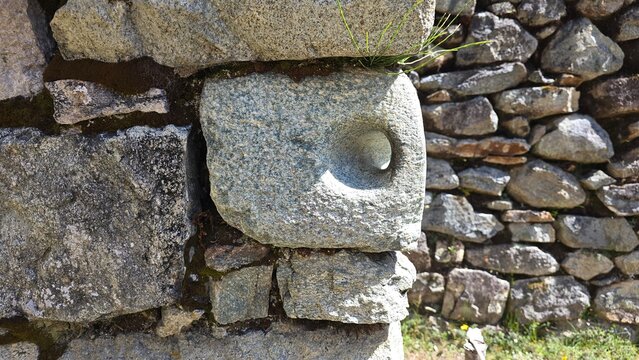 A hole drilled into a stone in a wall at Sayacmarca, lost Inca miliary fortress located along the Inca Trail to Machu Picchu. It was never discovered due to its hidden location in the Andes.