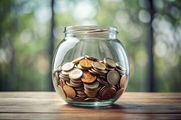 Full Coin Bank: A Minimalist Aesthetic Showcasing Abundance and Savings in a Clear Glass Container with Soft Natural Lighting Against a Neutral Background