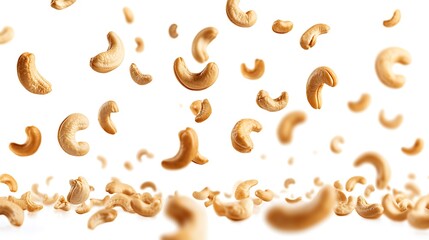 Cashew Nuts Falling on White Background