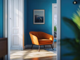 Modern Living Room with Orange Chair and Artistic Doorway